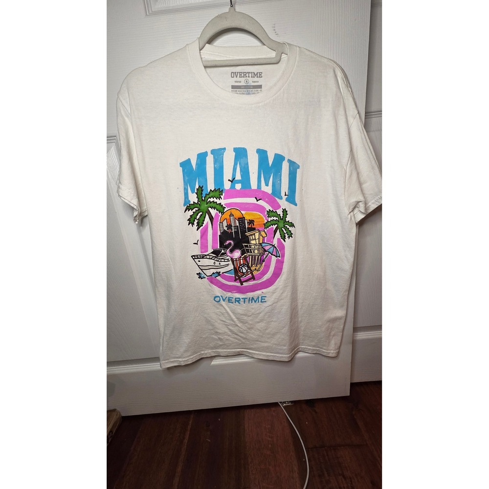 Overtime Miami 305 Graphic T-Shirt Mens Medium White Short Sleeve Cotton Tee‎